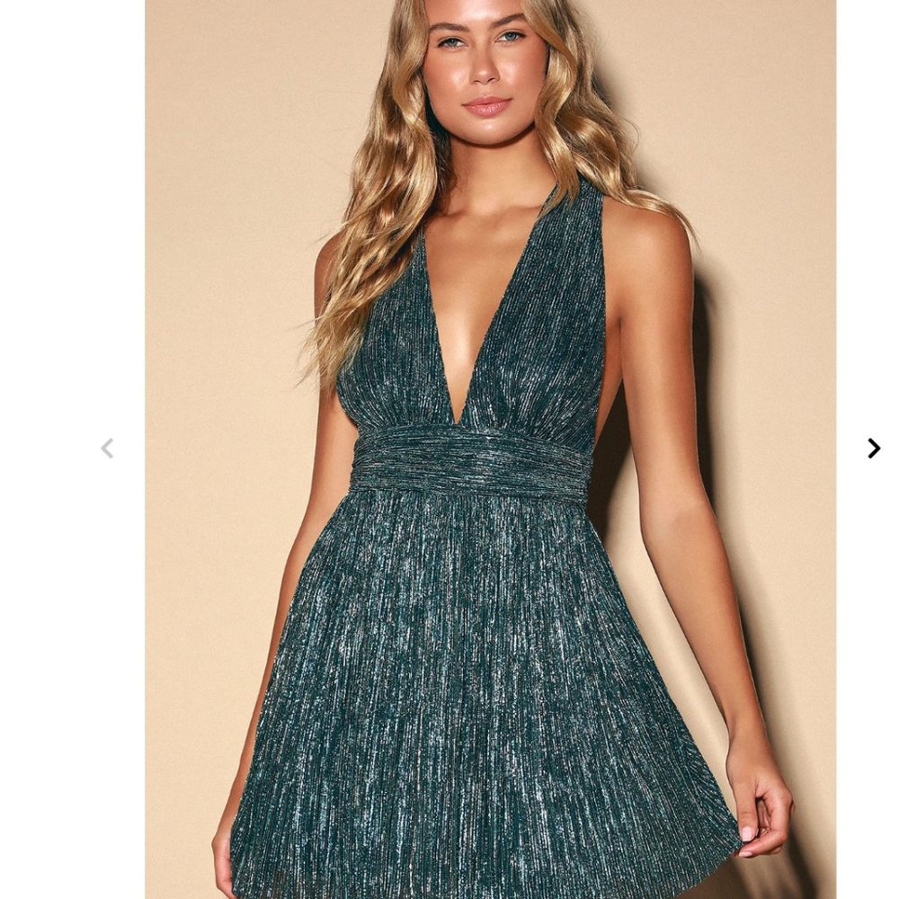 LULUS Ailey Gold and Teal Blue mini Skater Dress womens S - Picture 1 of 9